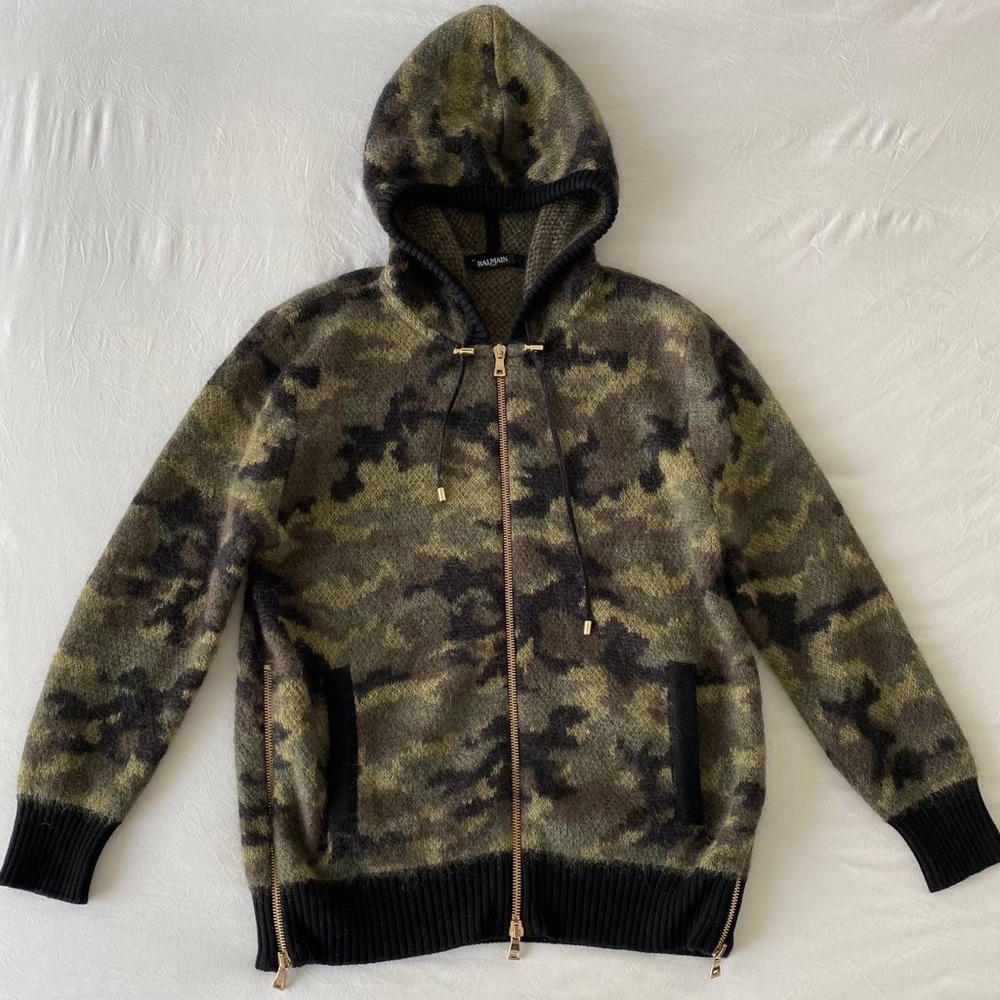 AUTH RARE Balmain camouflage mohair zip up jacket  hoodie Size large
